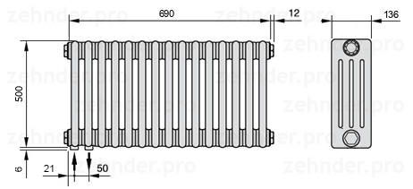 Схема (чертеж) Радиатор Zehnder Charleston 4050/15 №3370 Белый глянцевый RAL 9016